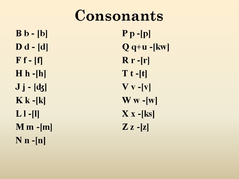 Consonants  B b - [b]  D d - [d]   F